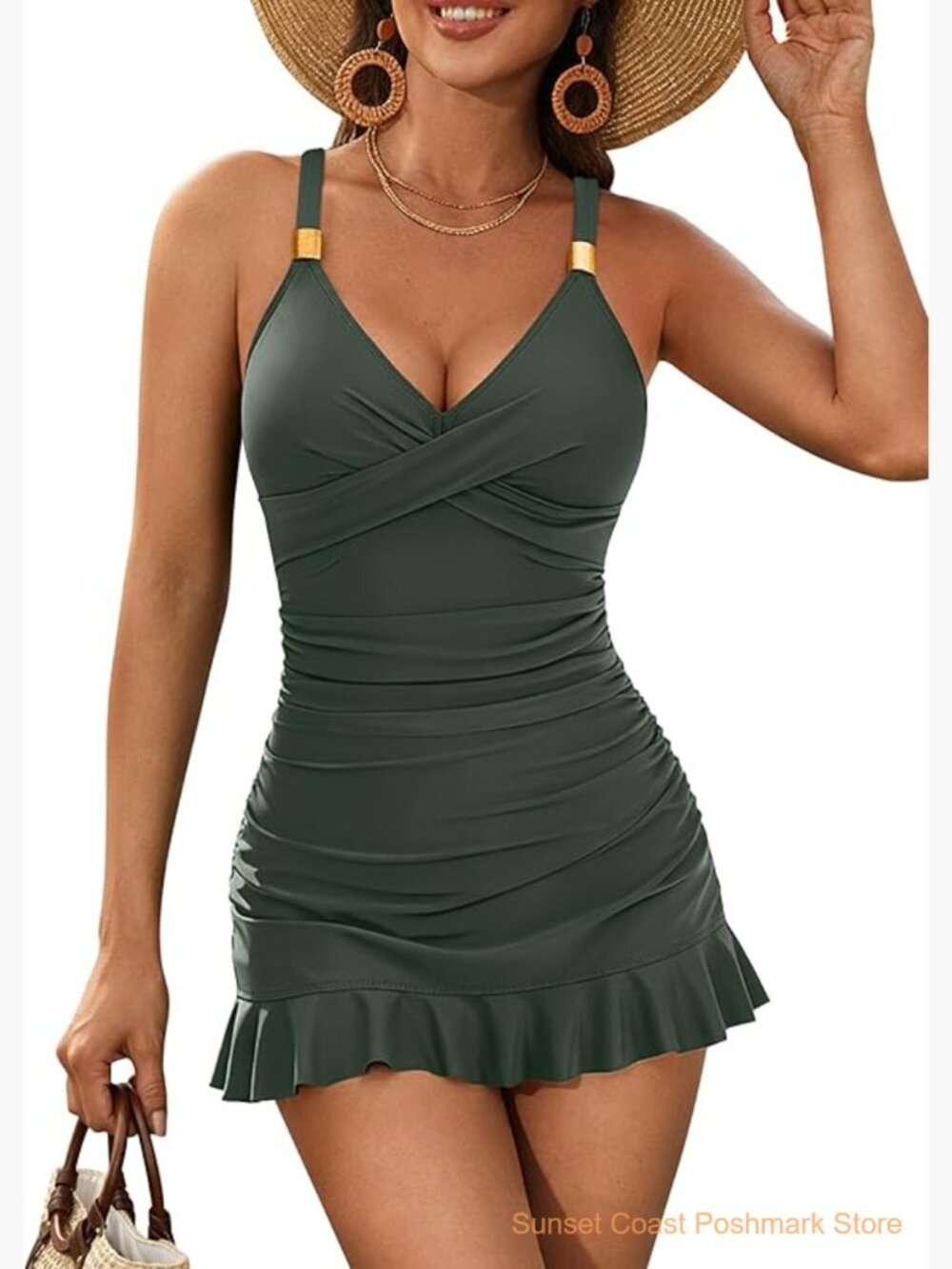 One Piece Swim Dress Tummy Control V Neck Ruffle Skirt